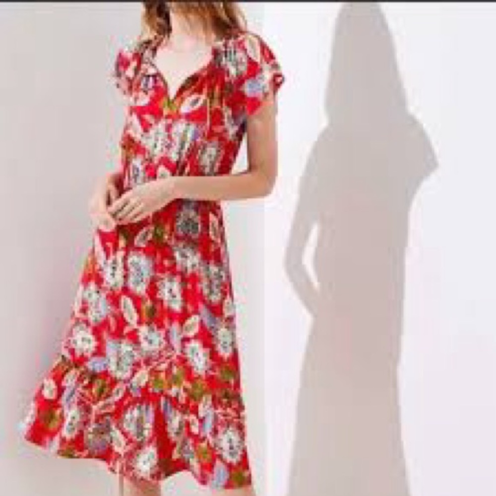 LOFT Flutter Sleeve Floral Midi Dress